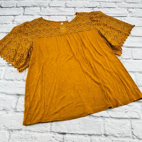 LOFT Tops - LOFT‎ Women's Short Sleeve Lace Shirt Blouse Small Yellow Mustard Round Neck